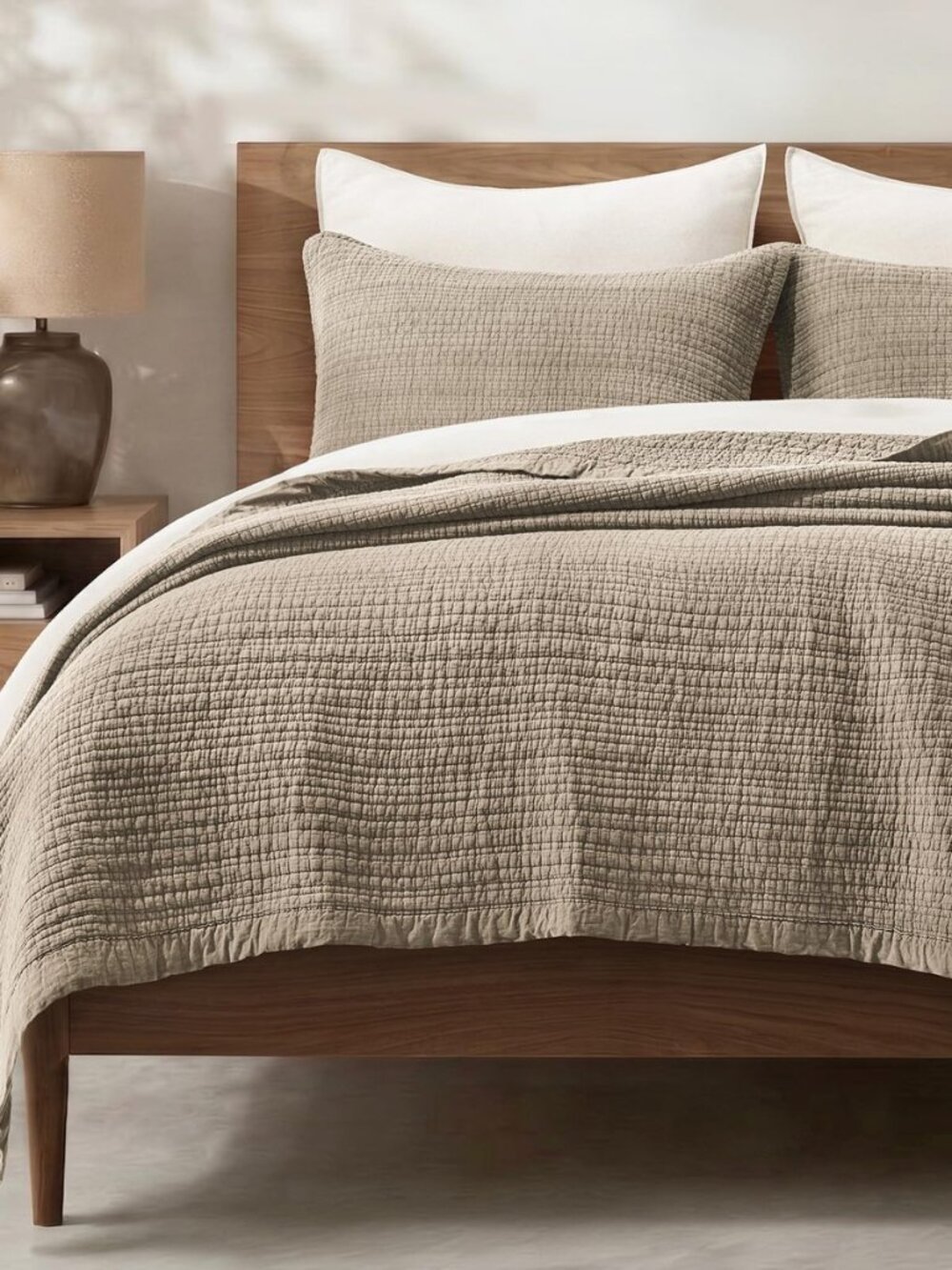 Stonewashed Textured Cotton Quilt Set, Queen Size, Hearth Taupe